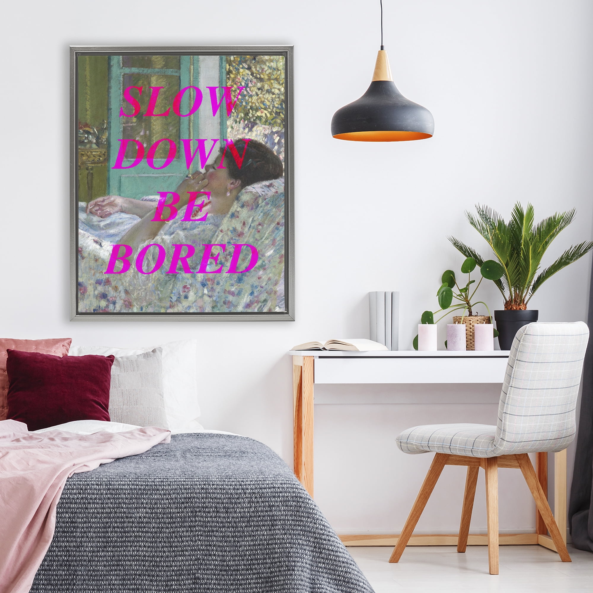 Slow Down Be Bored Classic Gray Framed Floater Canvas Wall Art, design by Lil' Rue