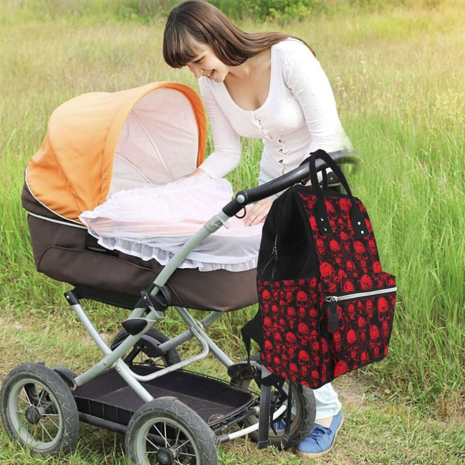 Xecao Red Skulls print Large Capacity Nappy Bag is a multi-functional waterproof travel backpack, perfect as a nursing bag or mummy backpack for women