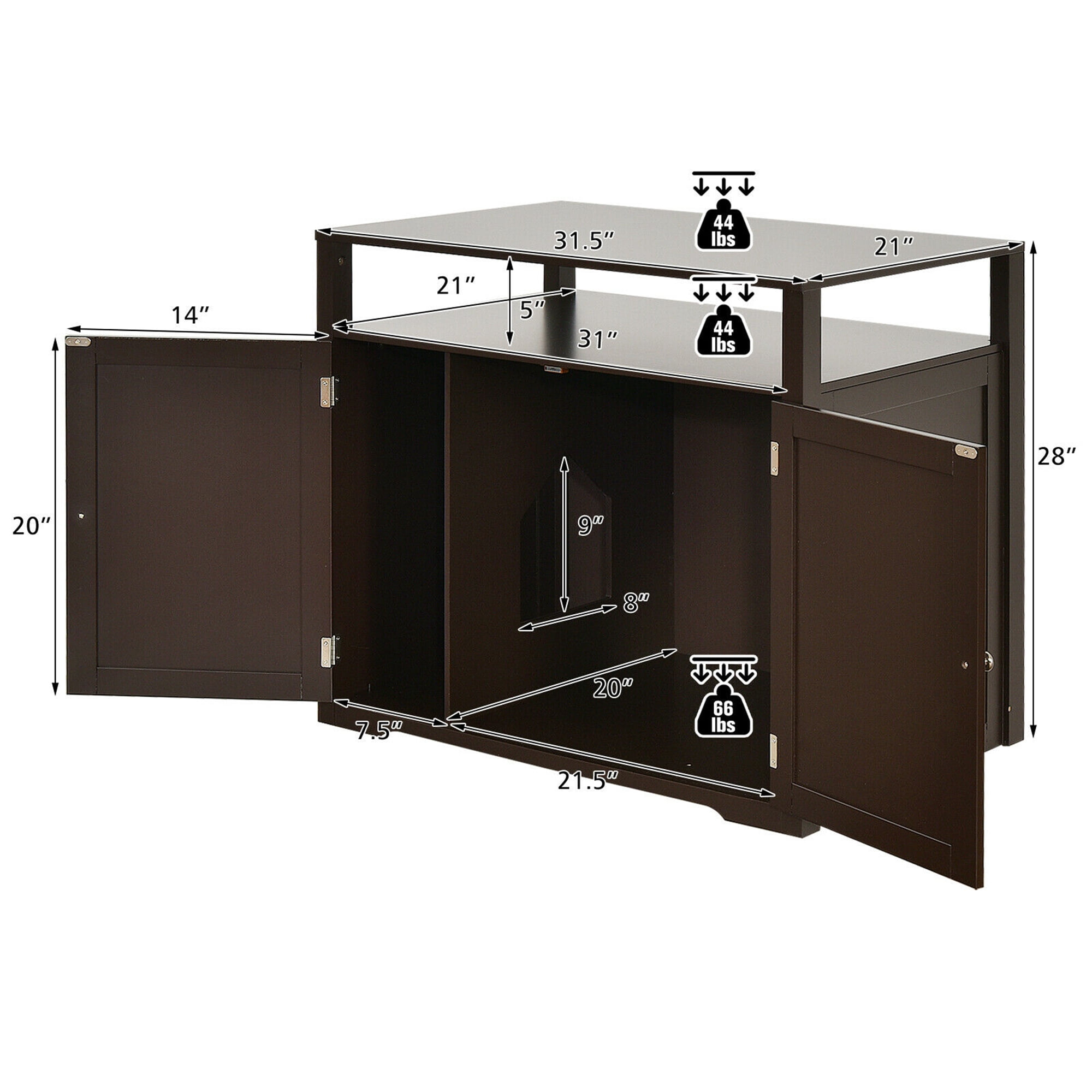 Gymax Brown Wooden Cat Litter Box Enclosure with Storage Layer