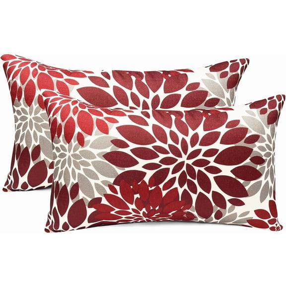 Decorative Throw Pillow Covers Set of 2 Wine Red Pillow Covers 12x20 inch Throw Pillow Cases Linen Square Pillow Case,Farmhouse Outdoor Modern Floral Pillow Covers for Couch Sofa Living Room