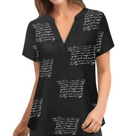 

Women s Tunic Tops Nurse Shirts Medical Uniforms Women s Fashion V Neck Cross Printing Nursing Uniform Short Sleeve Tops Black L