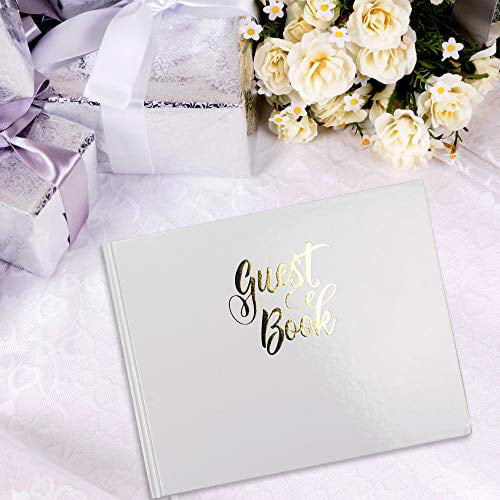 B&F Guest Book for Wedding, Guest Book Wedding Reception with Gold Diamond Crystal Pen with Holder, 9 x 6 White Polaroid Guest Book with 60 Sheets