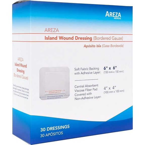 Bordered Gauze Island Dressing 6" x 6" Sterile Latex Free 30 Per Box Wound Dressing by Areza Medical 30 Count (Pack of 1)