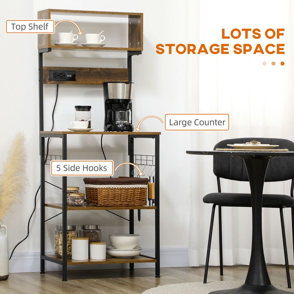 Demi Bonn Bakers Rack with Power Outlet, Microwave Stand, Coffee Bar Station, Kitchen Storage Shelf with 5 S-Shaped Hooks, for Spices, Pots and Pans, Brown