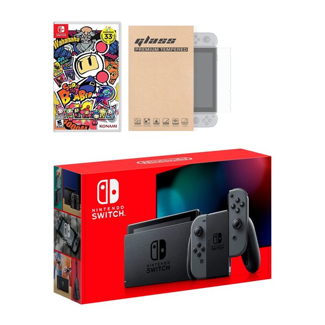 Nintendo Switch Gray Joy-Con Console Super Bomberman R Bundle, with Mytrix Tempered Glass Screen Protector - Improved Battery Life Console with the Best Bomberman Game Nintendo HADSKAAAA