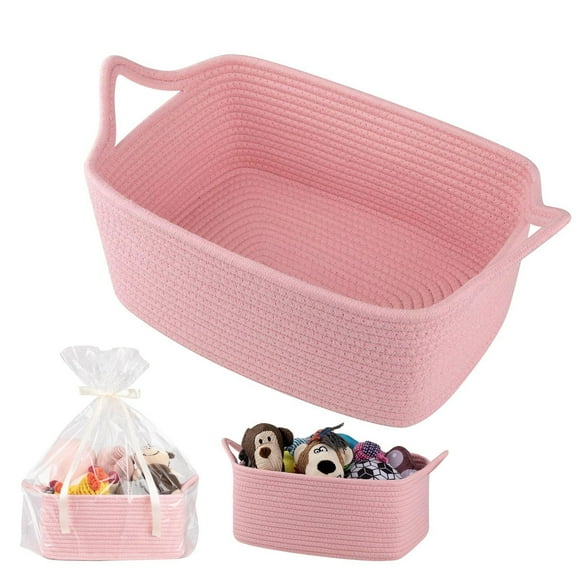 Woven Basket, Gift Basket Empty with Gift Bags and Ribbons, Rope Baskets for Baby Showers, Storage Baskets with Handles for Nursery, Pet Toy Organizer (Pink) 13.5x10x6"
