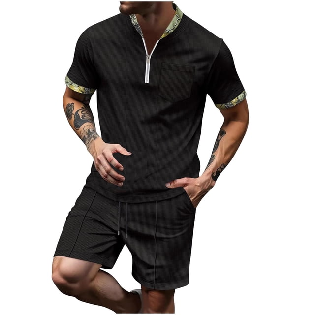 Shorts Courts pour Hommes Pantalons pour Hommes Décontractés Mode Hommes Manches Courtes Col Rabattu Pantalons Survêtement Deux Pièces Manches pour Hommes Pantalons pour Hommes Mode