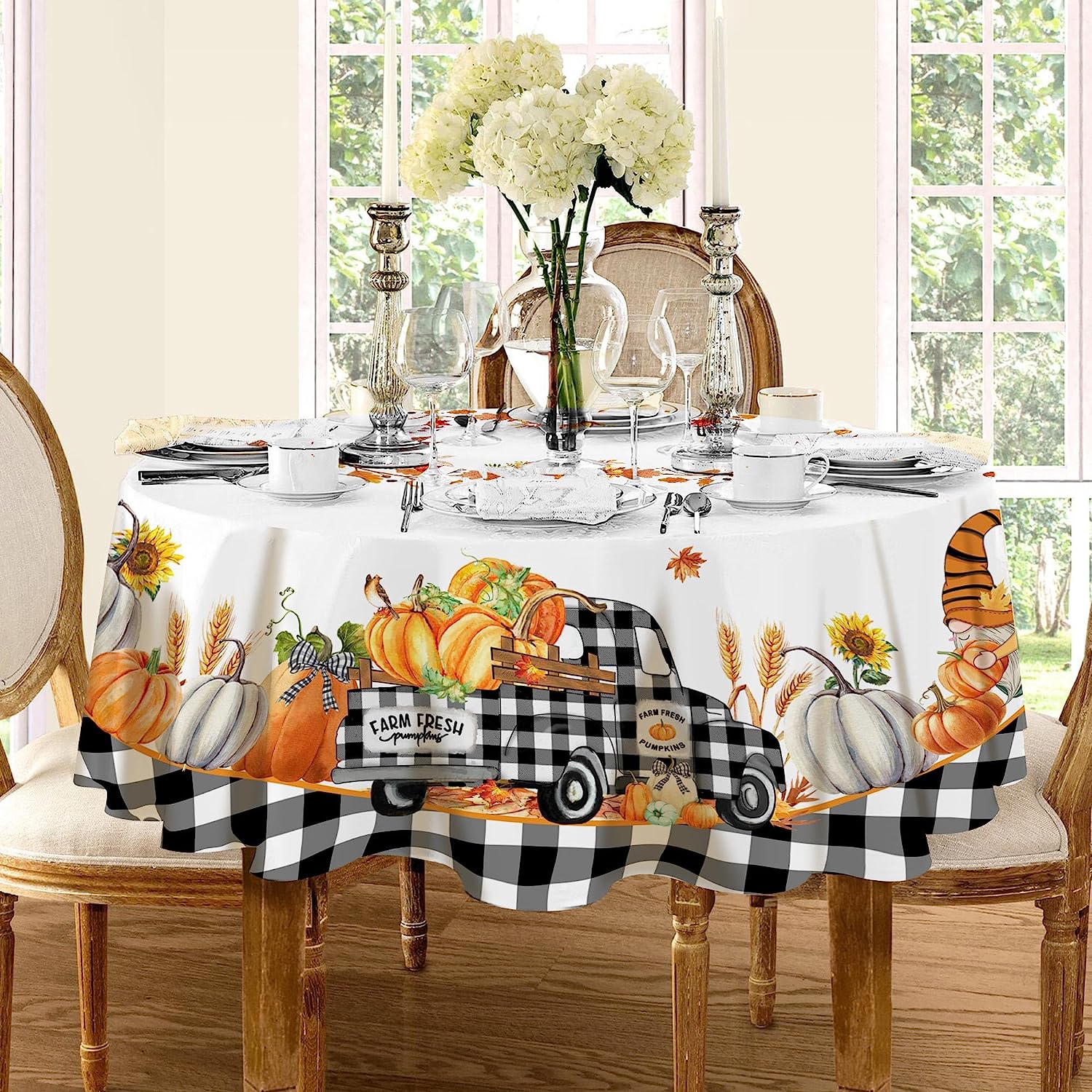 Fall Tablecloth, Fall Table Cloths Circle 60 inch, Indoor or Outdoor Farmhouse Autumn Pumpkin
