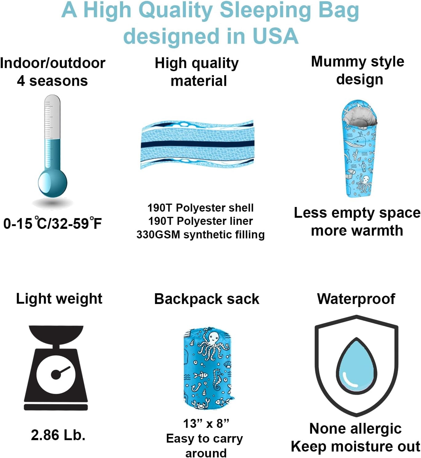 KidzAdventure 32-59F Youth and Kids Sleeping Bag | Indoor/Outdoor Boys and Girls Sleeping Bag | Mummy Style, Lightweight Sleeping Bag for Kids - Ocean World Youth