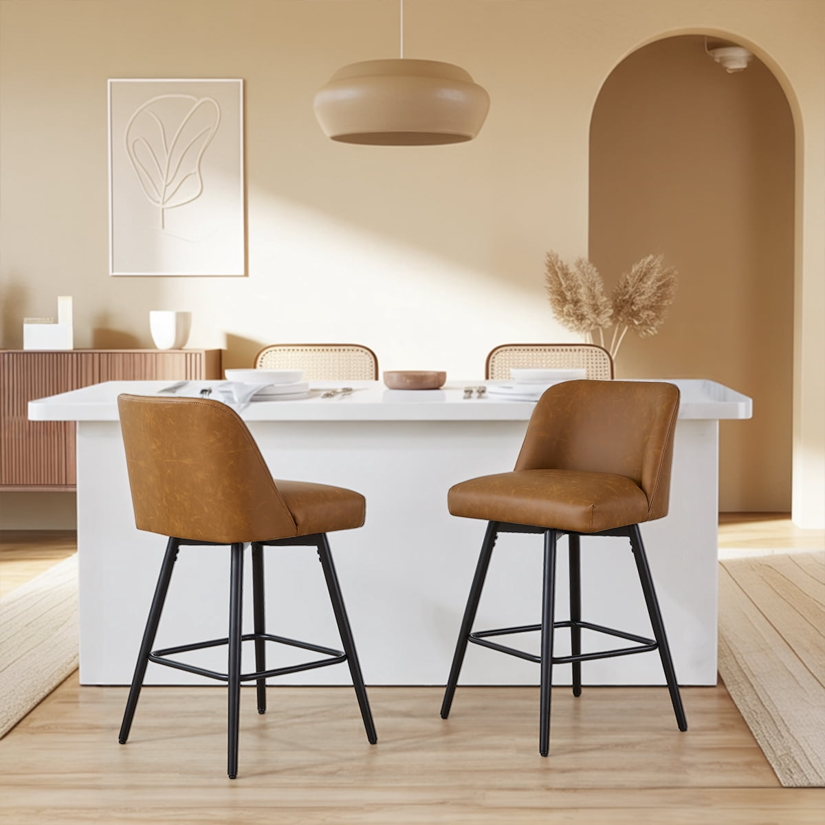 Modern Bar Stools Set of 2, 26" H Swivel Counter Height Barstools with High Backs, Kitchen Island Stools, For Bar & Home,Faux Leather, Brown
