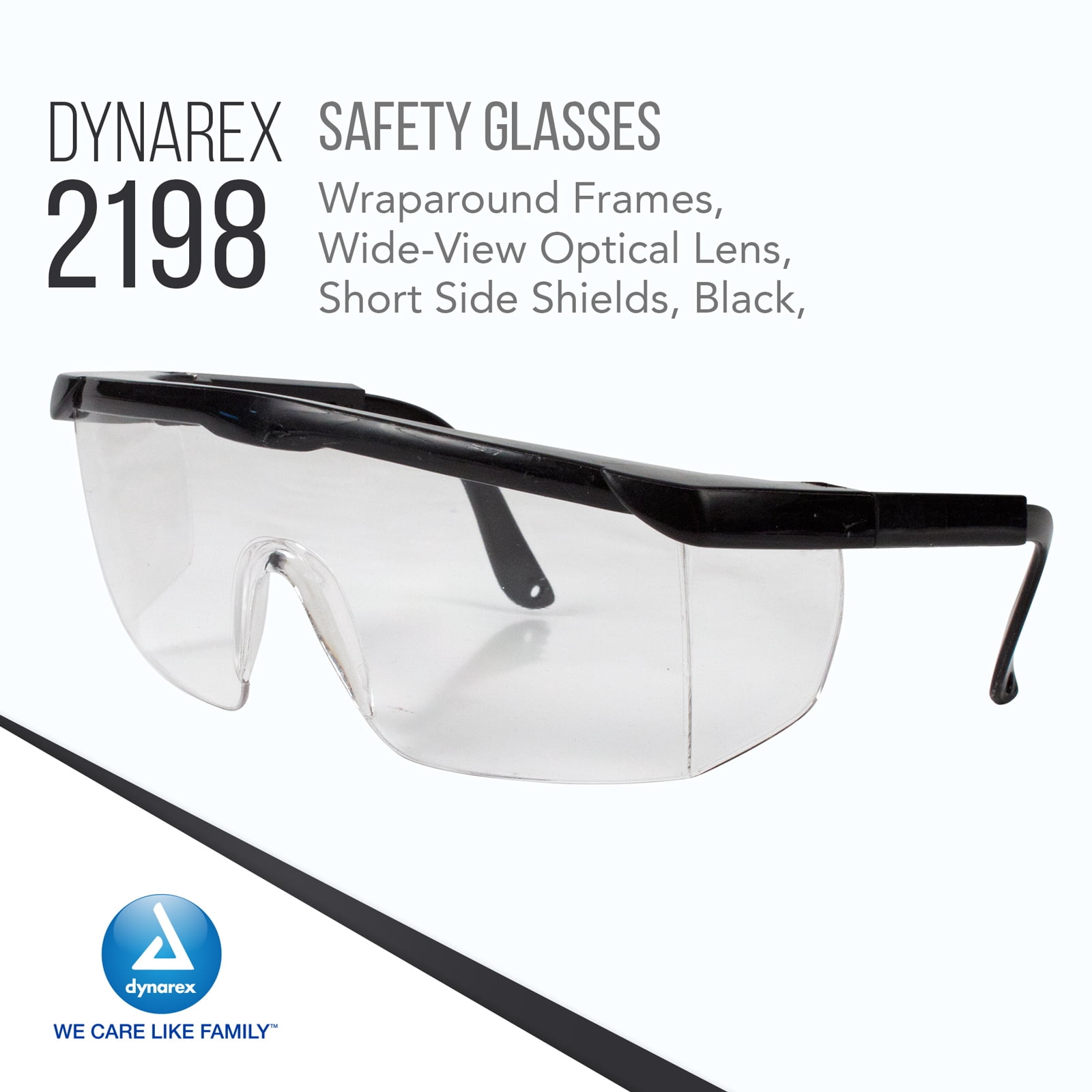 Dynarex Safety Glasses - Eye Protection for Medical, Dental, Lab Use - Wraparound Frames, Wide-View Optical Lens, Short Side Shields - Black, 50-Count