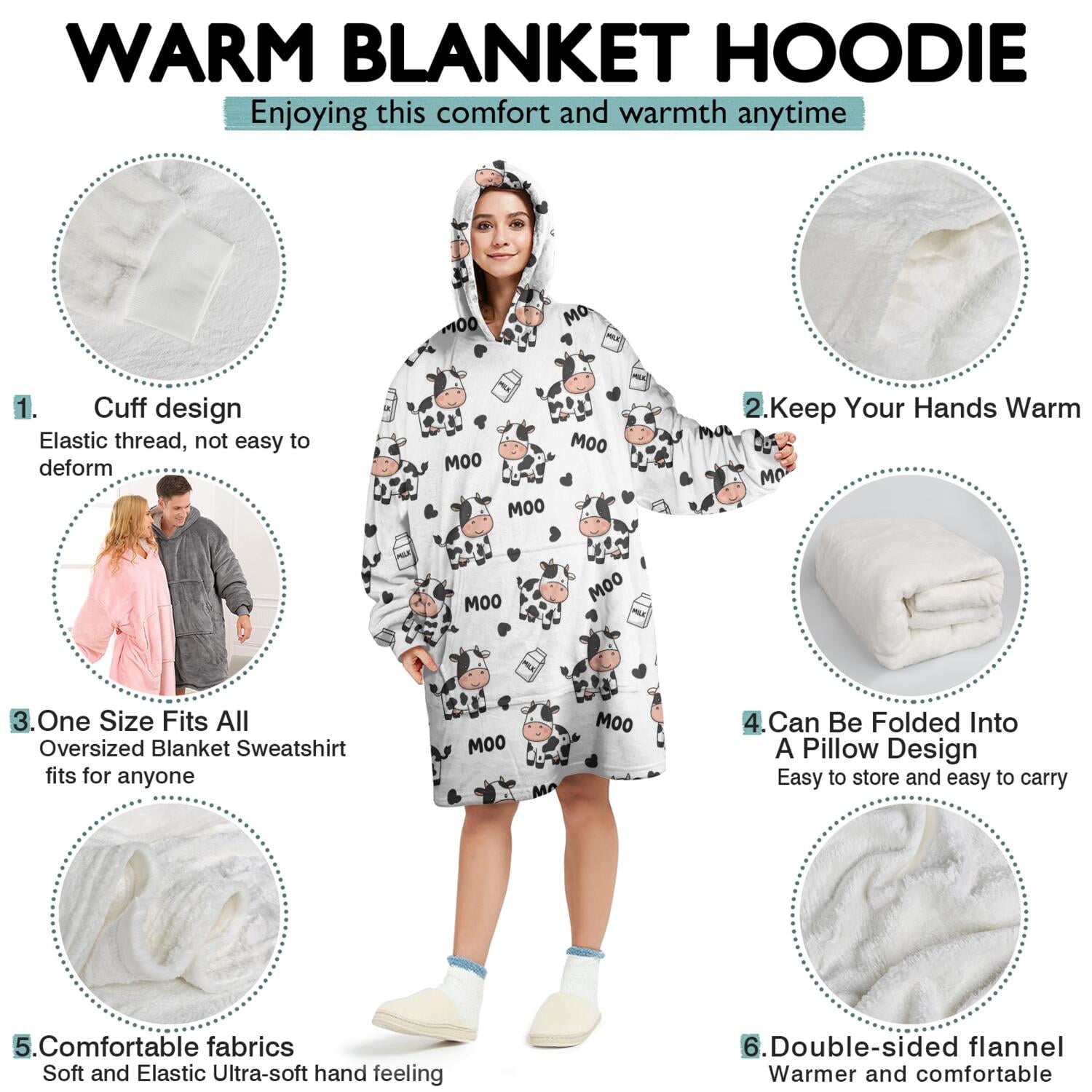 Wearable Oversized Blanket,White Cow Moo Pattern Wearable Blanket Hoodie for Adults,Cozy Hooded Blankets with Super Pockets,Super Warm Fuzzy Pullover for Women & Men