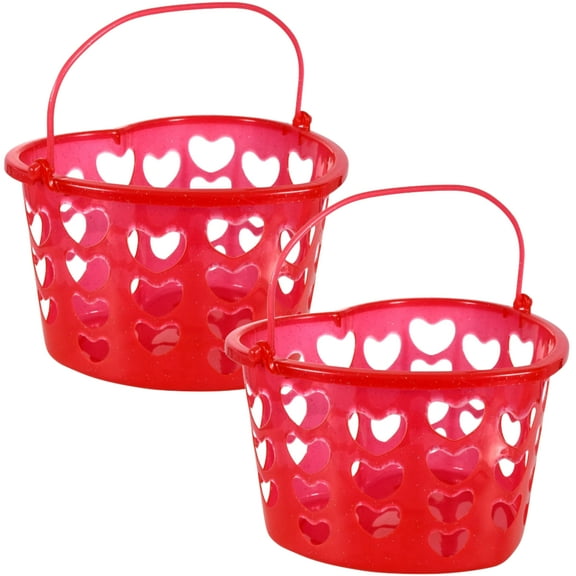 Valentine's Heart Shaped and Slotted Baskets with Handles, 6.875x8.25x5.375in Love Easter Red Basket Plastic Bin Party Treats Supplies Container Home Kitchen Bathroom School Organizer Gift Set of 2