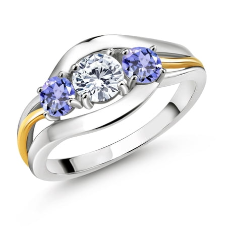 Gem Stone King 925 Sterling Silver and 10K Yellow Gold Round White Moissanite and Blue Tanzanite 3 Stone Ring for Women 1.10 Cttw (Size 6)
