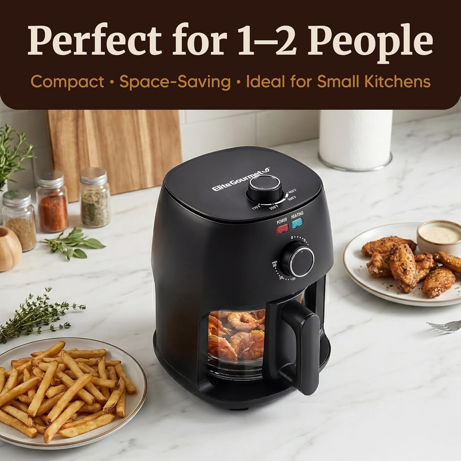 Glass Fryer 2.4 Qt Compact PFAS- Ceramic Basket Adjustable Temp 175-400F 1150W Black