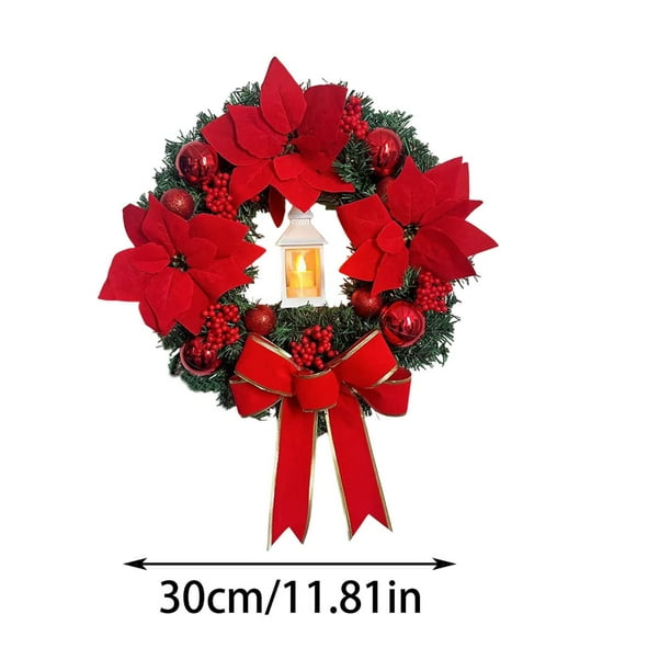 Fiudx Decoración del hogar 2024 grandes coronas navideñas para puerta de entrada, corona navideña con iluminación artificial y lazo, corona navideña roja para puerta de entrada con bola navideña