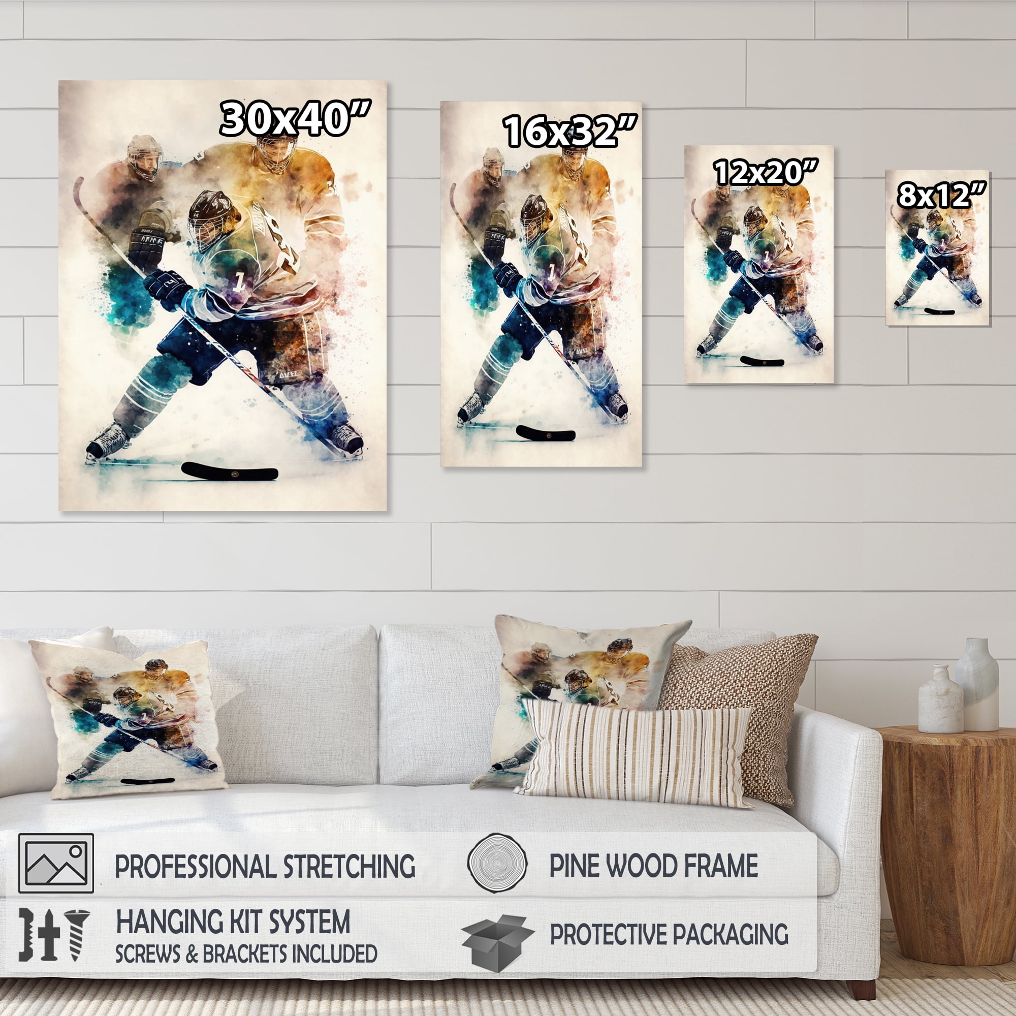 Designart Three Hockey Players During Game II Canvas Wall Art