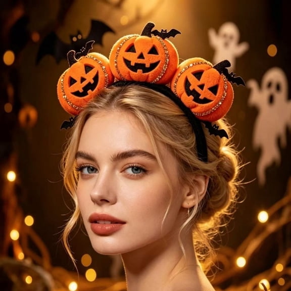 Halloween Pumpkin Headband, 3 Plush Jack-o-Lantern Pumpkins with Bats & Rhinestone Trim Black Headband, Spooky Cute Hair Accessory for Women Girls Halloween Party Cosplay Costume