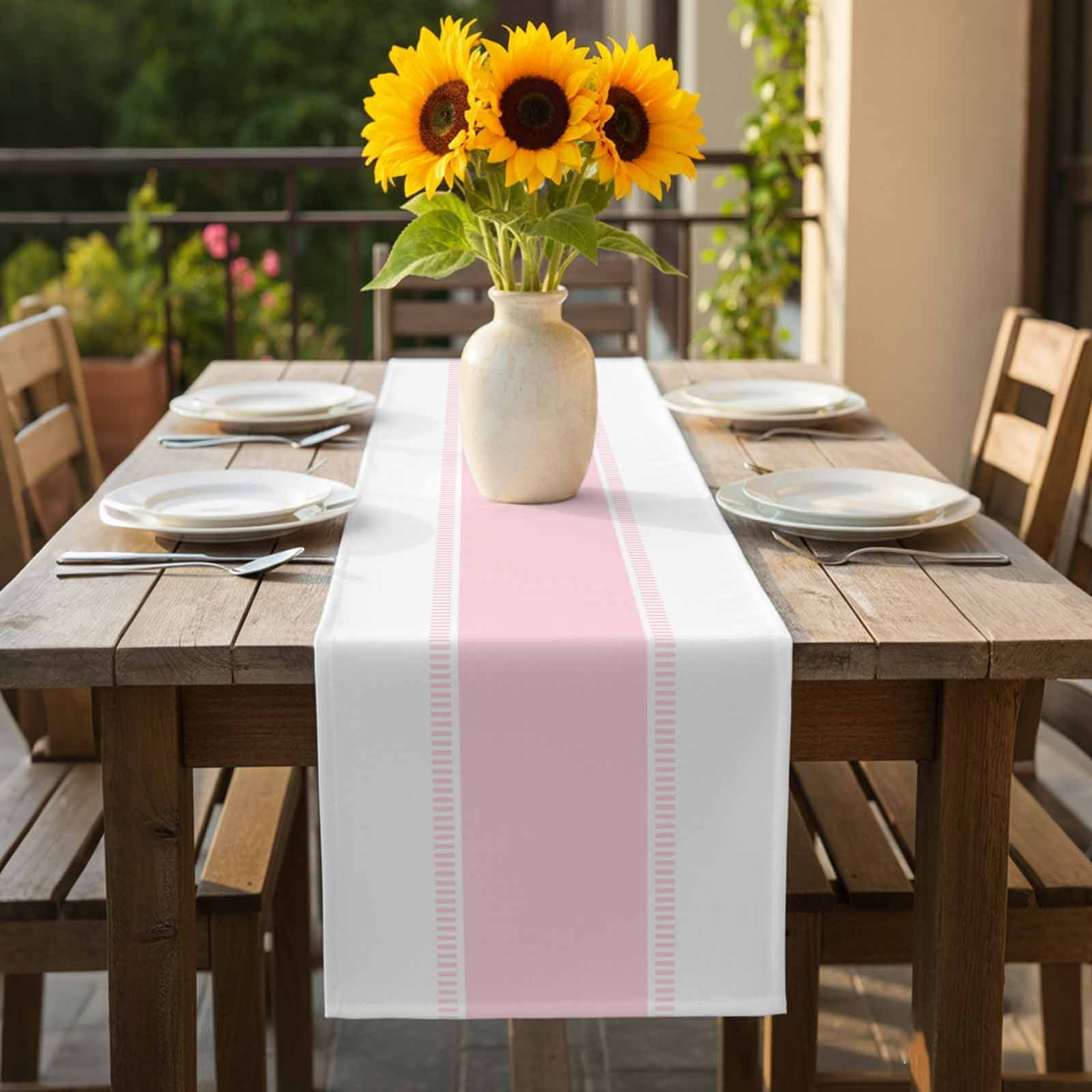 Pink Table Runner 13x120 inch Stripe Cotton Linen Dining Table Runner Ideal for Dresser Kitchen Coffee Tables - Machine Washable