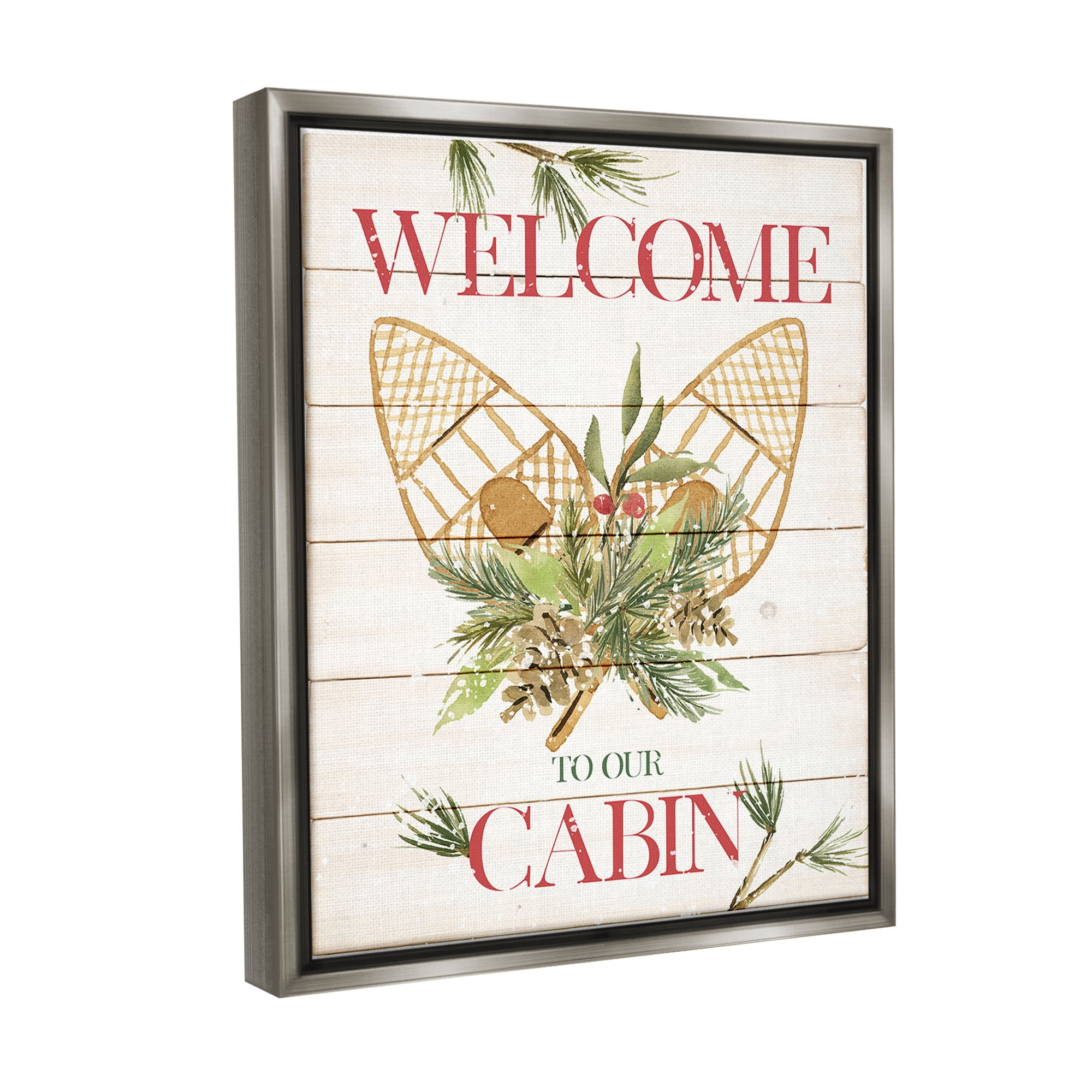 Stupell Industries Rustic Cabin Welcome Botanical & Floral Painting Gray Floater Framed Canvas Art Print Wall Art, 17 x 21