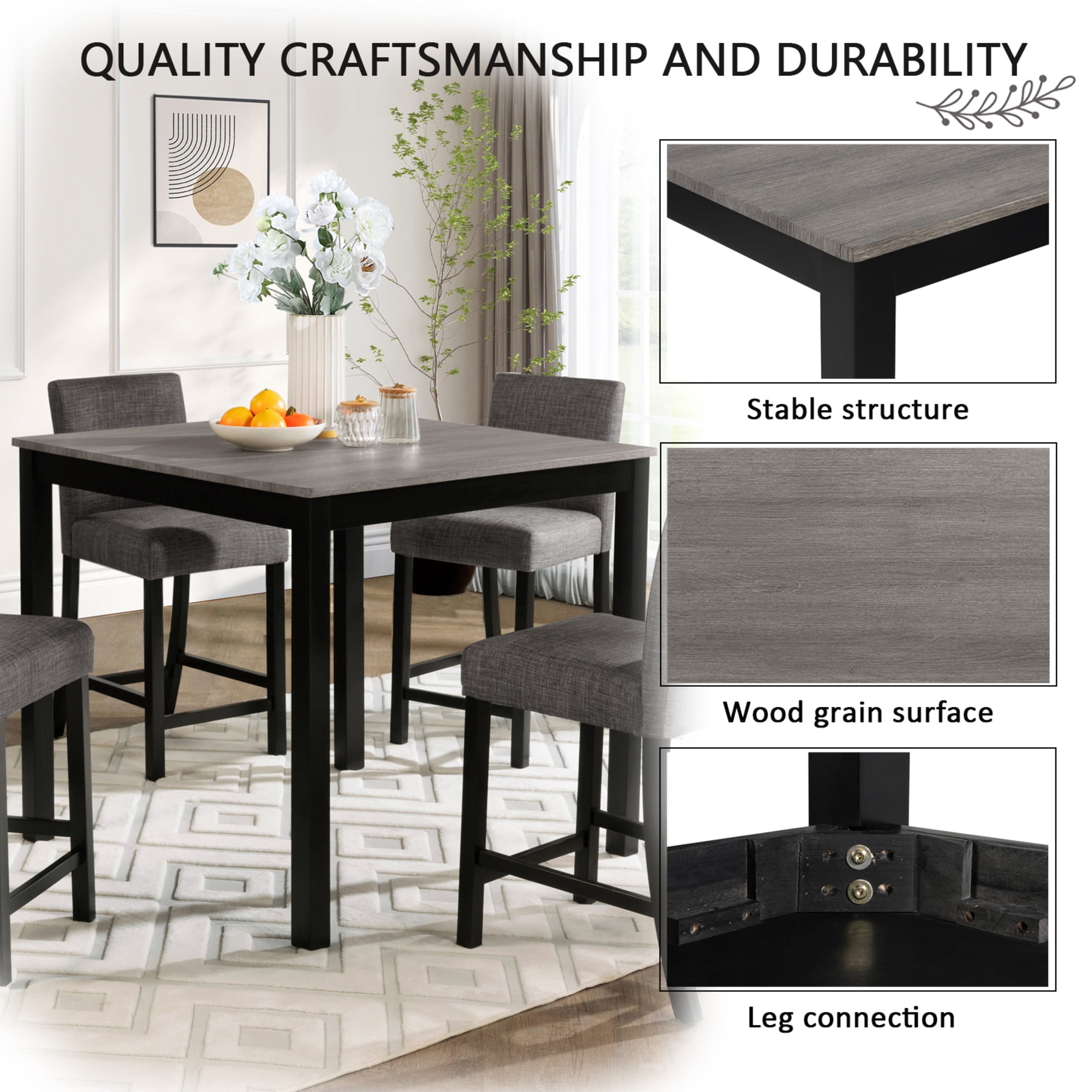 Noble House 5-Piece Counter Height Square Dining Table Set with Upholstered Chairs for 4, Light Gray+Black