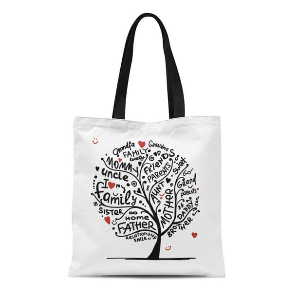 POGLIP Canvas Tote Bag Life Family Tree Sketch Text Baby Heart