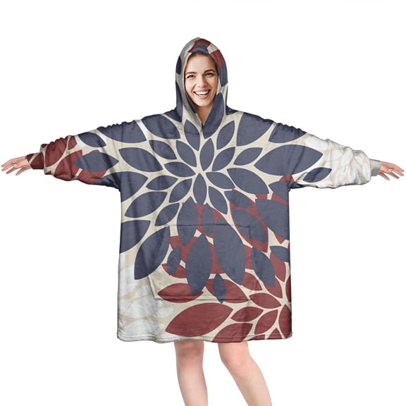 Wearable Oversized Blanket,Red and Blue Pioneer Flower Pattern Wearable Blanket Hoodie for Adults,Cozy Hooded Blankets with Super Pockets,Super Warm Fuzzy Pullover for Women & Men