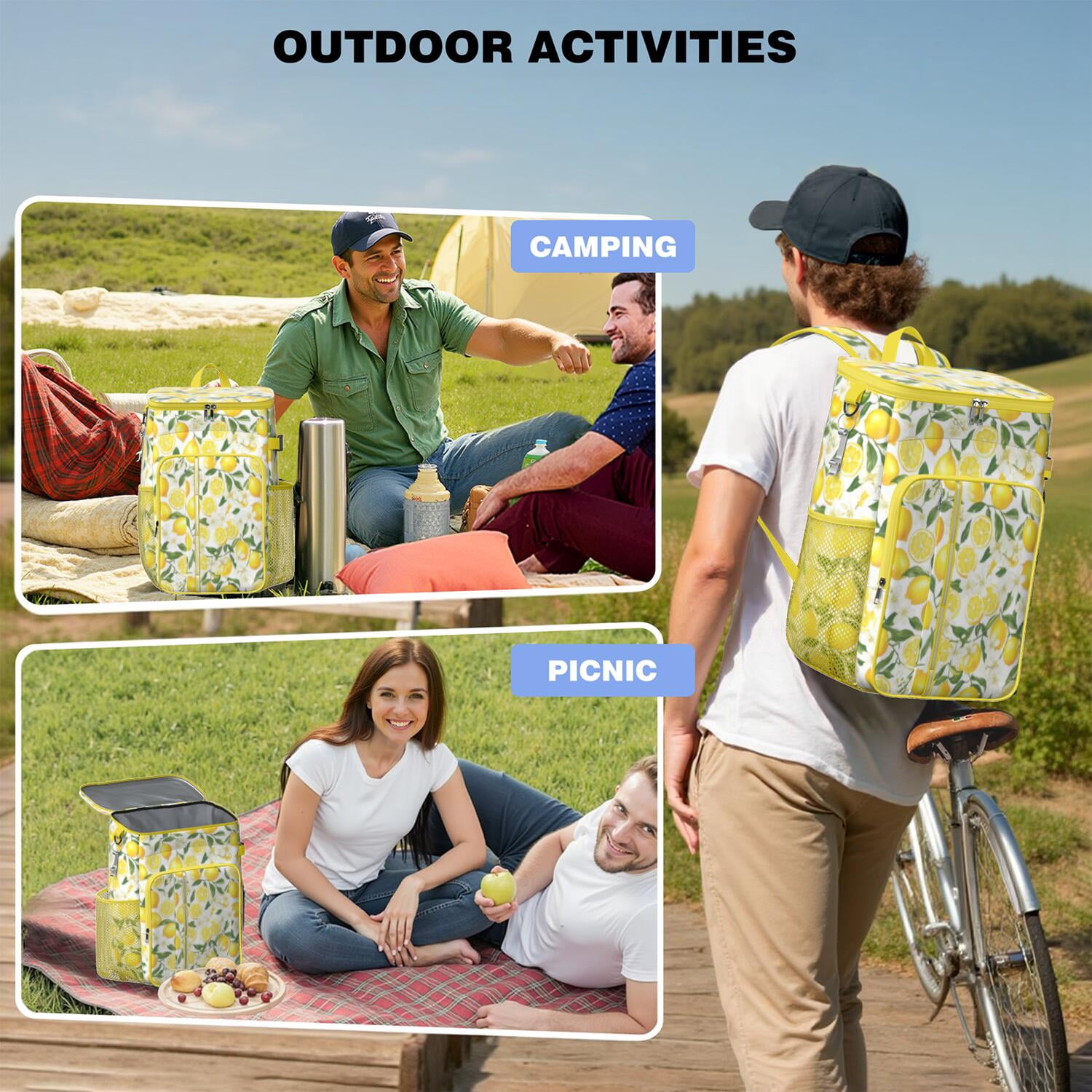 Travel Cooler Bag - Lemon Camping Beer Cooler Backpack with Bottle Opener- Waterproof Insulated Picnic Backpacks - Cooler Bag for Beach