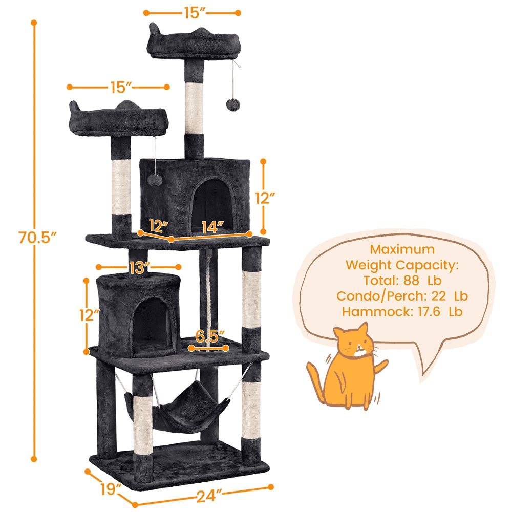 Alden Design 70″ H Multi Level Cat Tree Tower with 2 Foam-Padded Perches, Black