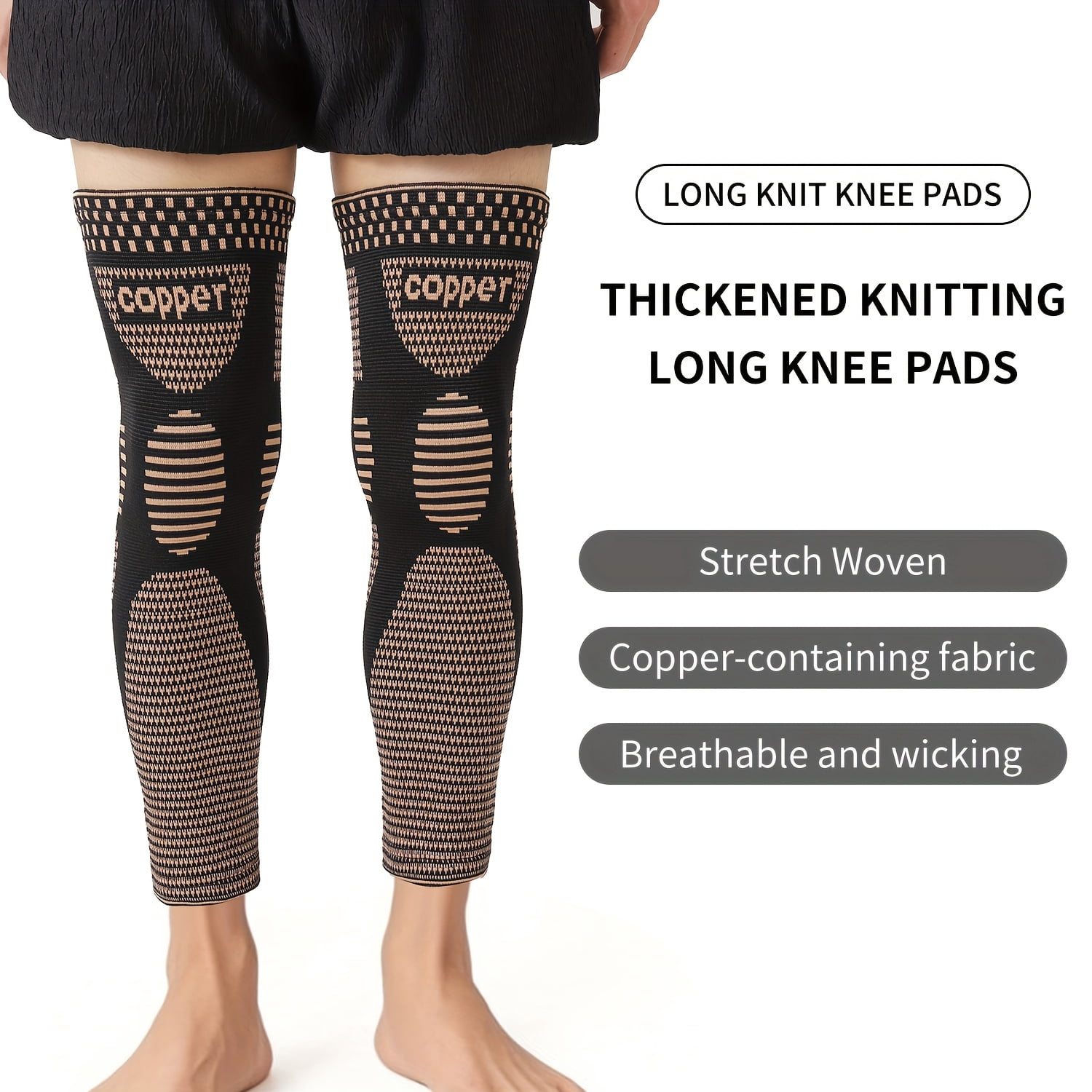 Copper Long Knitted Compression Knee Braces - Full Leg Compression Sleeves for Men & Women - Support for Exercise, Daily Life, Work, Fitness Running, Basketball, Volleyball