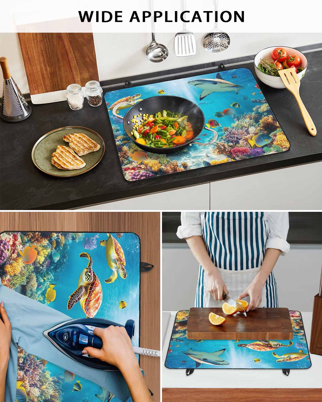 nqOlkjepod Large Induction Cooktop Protector Mat 36"x21", Turtle Stove Top Covers for Electric Stove, Shark Ocean Coral Underwater Scenery Sea Stove Burner Cover Mats, Glass Top Stove Cover