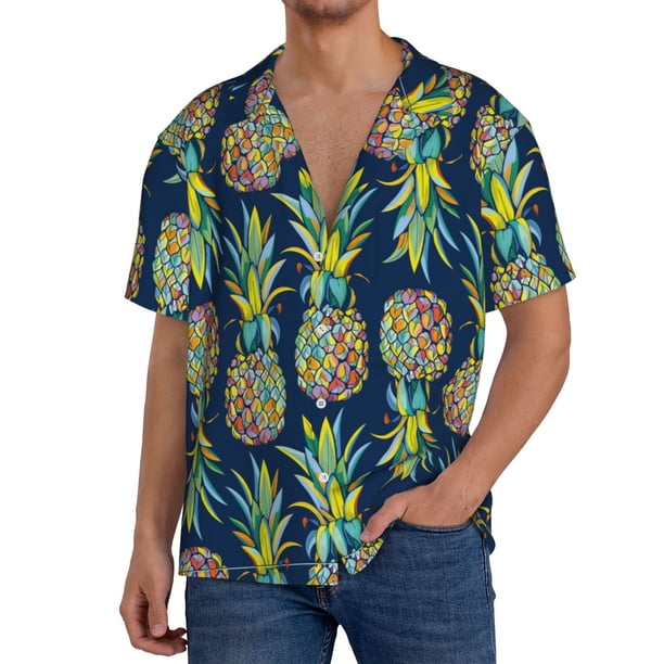 Balery Colorful Pineapples Camisa Casual de Manga Corta con Botones para Hombre, Texturizada, Estilo Cubano, para Playa, Verano-Small