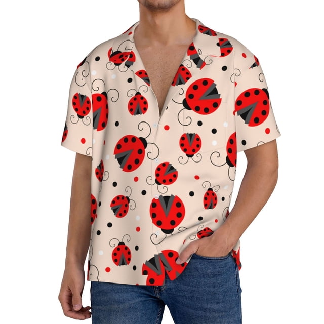 Xecao Red Ladybug Pattern Men's Short-Sleeve Cuban Collar Button-Down Shirt with Chest Pocket Lightweight Tropical Vacation Shirt-Small