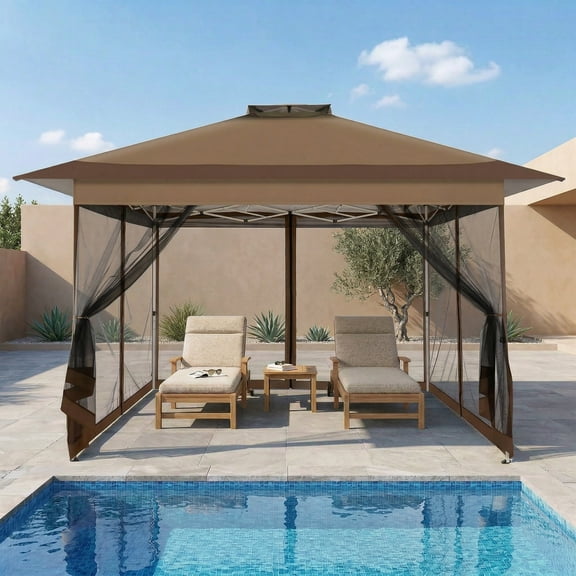 HOTEEL 13x13ft Pop Up Gazebo Outdoor Canopy Tent with Adjustable Height, UV 50 Sun Protection & Removable Mosquito Net - Waterproof Instant Shelter, Brown