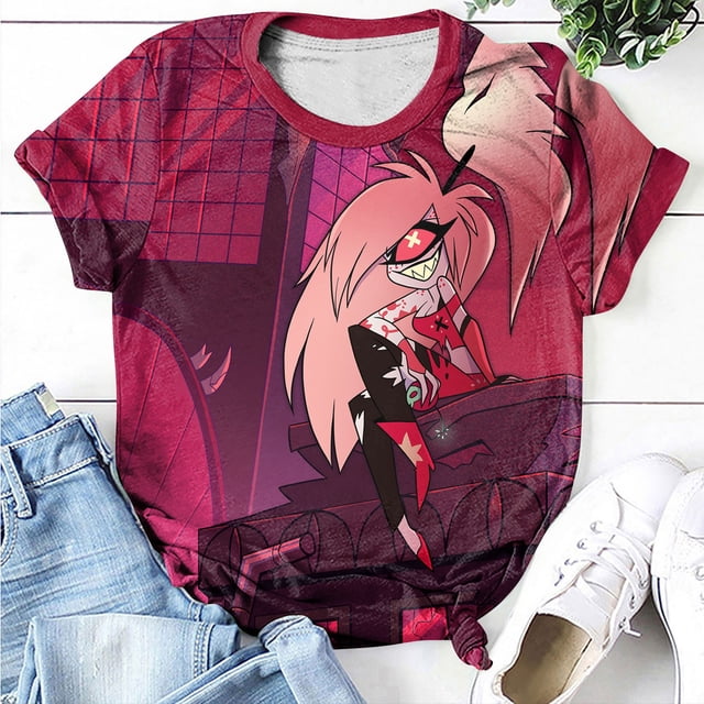 Hazbin Hotel Moda Casual Mujer Impreso de manga corta Cuello redondo Pullover Tops Rosa/L