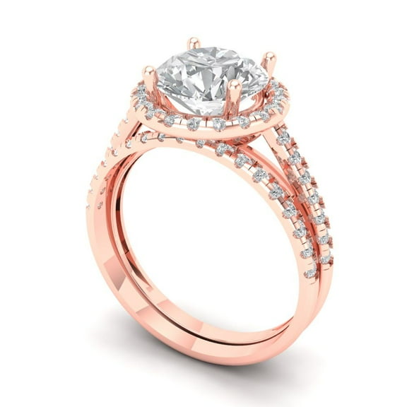 Clara Pucci 14K Rose Gold Round Cut 2Ct Synthetic White Sapphire Engagement Ring   Matching Band - Luxury Box Included