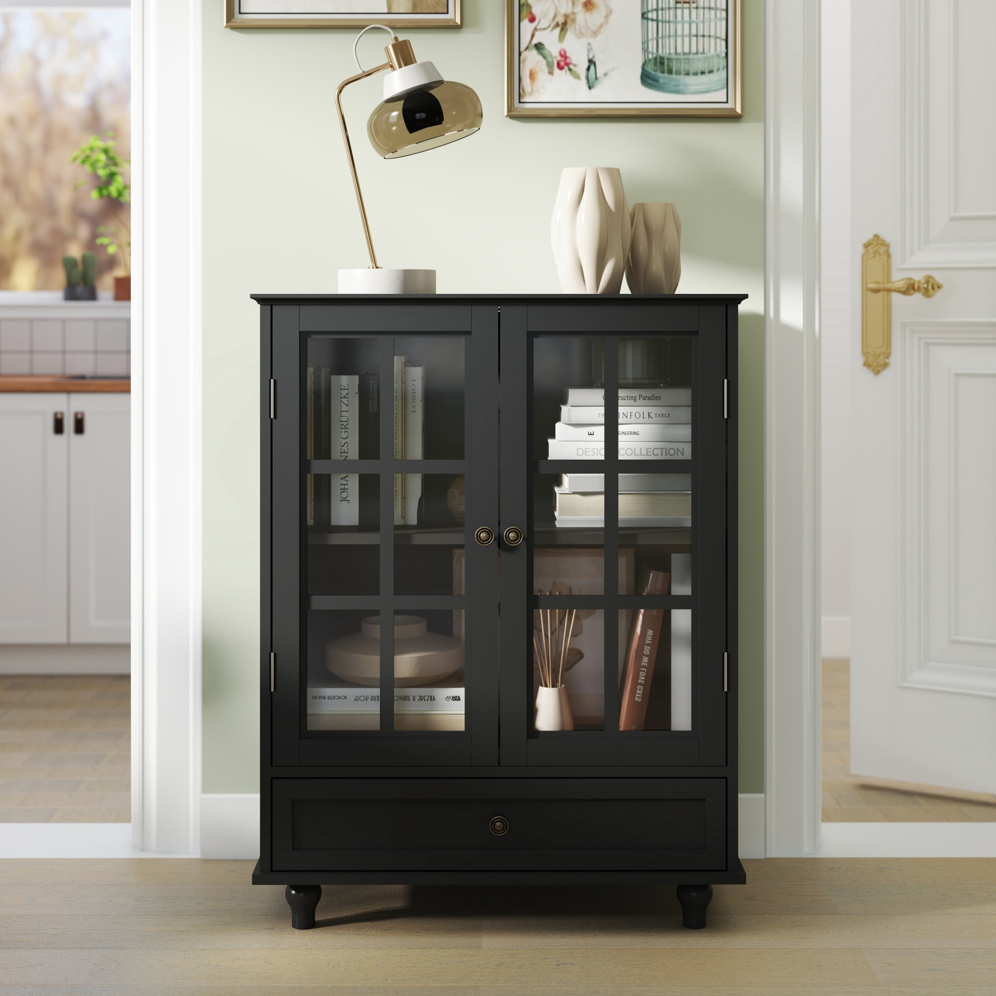 Leumius Minimalist Black Buffet Cabinet with Double Glass Doors and Drawer, Modern Wooden Storage Sideboard Cupboard for Living room Dining Room Hallway Entryway