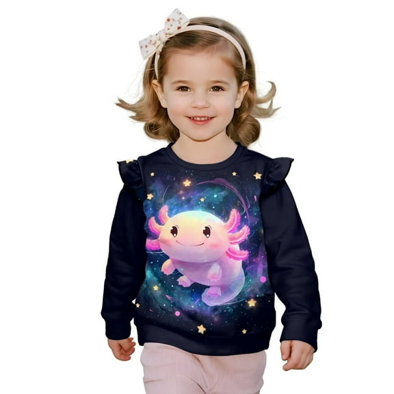 Garronmavis Cute Axolotl Toddler Girl Sweatshirt 2T Warm Pullover Drop Shoulder Sweater Top Ruffle Pullover Crewneck Long Sleeve Shirt Stylish Girls Crewneck Sweatshirt for Toddler Kids