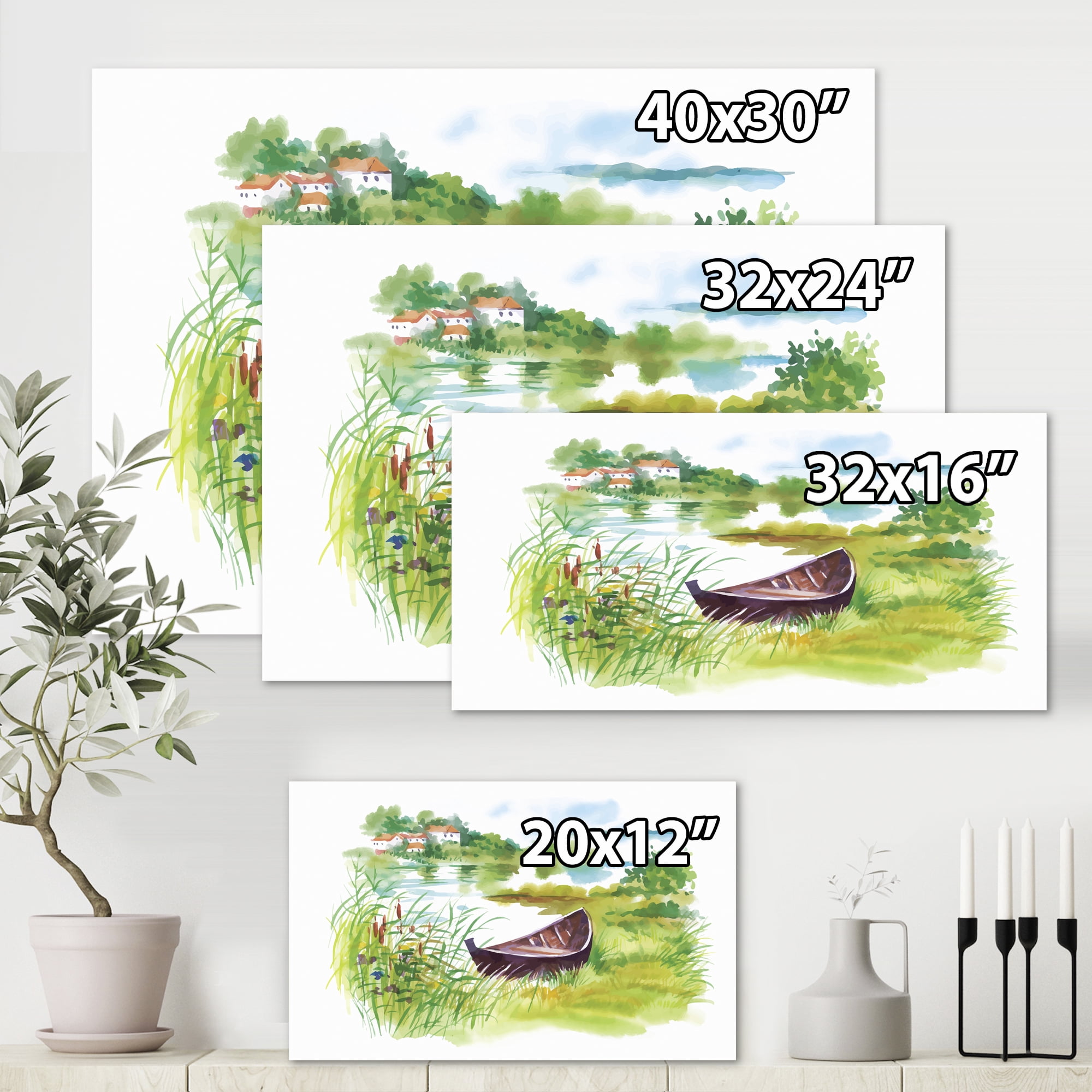 Rural Green Landscape With Boat In Lake 12 in x 8 in Painting Canvas Art Print, by Designart