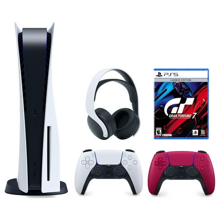 Sony Playstation 5 Disc (PS5 Disc) with Extra Red Controller, Gran Turismo 7 Launch Edition and White PULSE 3D Headset Bundle