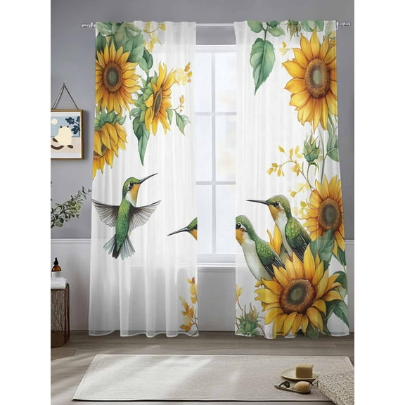 Sunflower Sheer Curtains for Living Room Bedroom Summer Botanical Hummingbird Vintage Sheer Curtains 84 Inch Long 2 Panels Set Light Filtering Curtain Window Treatments Drapes for Dining Room