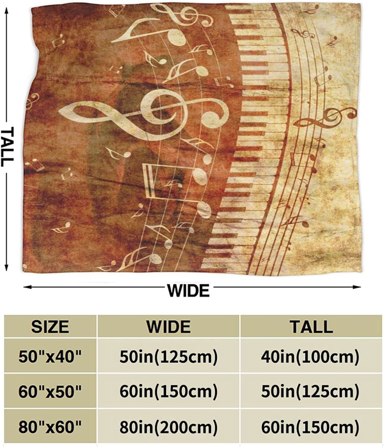 Piano Keys Musical Notes Music Vintage Throw Blanket Super Soft Warm Bed Blankets for Couch Bedroom Sofa Office Car, All Season Cozy Flannel Plush Blanket for Girls Boys Adults, 50"X40"
