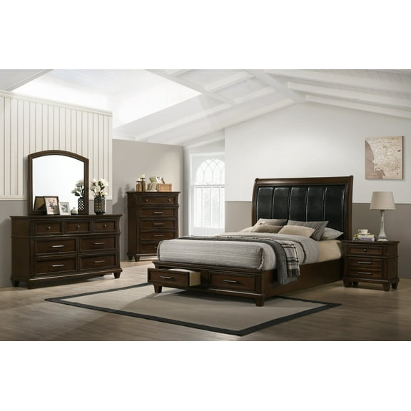 Traditional Antique Brown Upholstery PU HB King Size 6pc Storage Bed Set