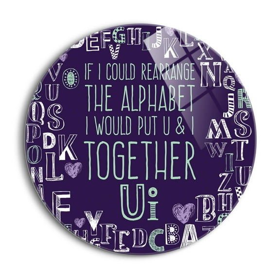 U & I Together Deep Violet Alphabet 24 inch Glass Round Wall Hanging Sign