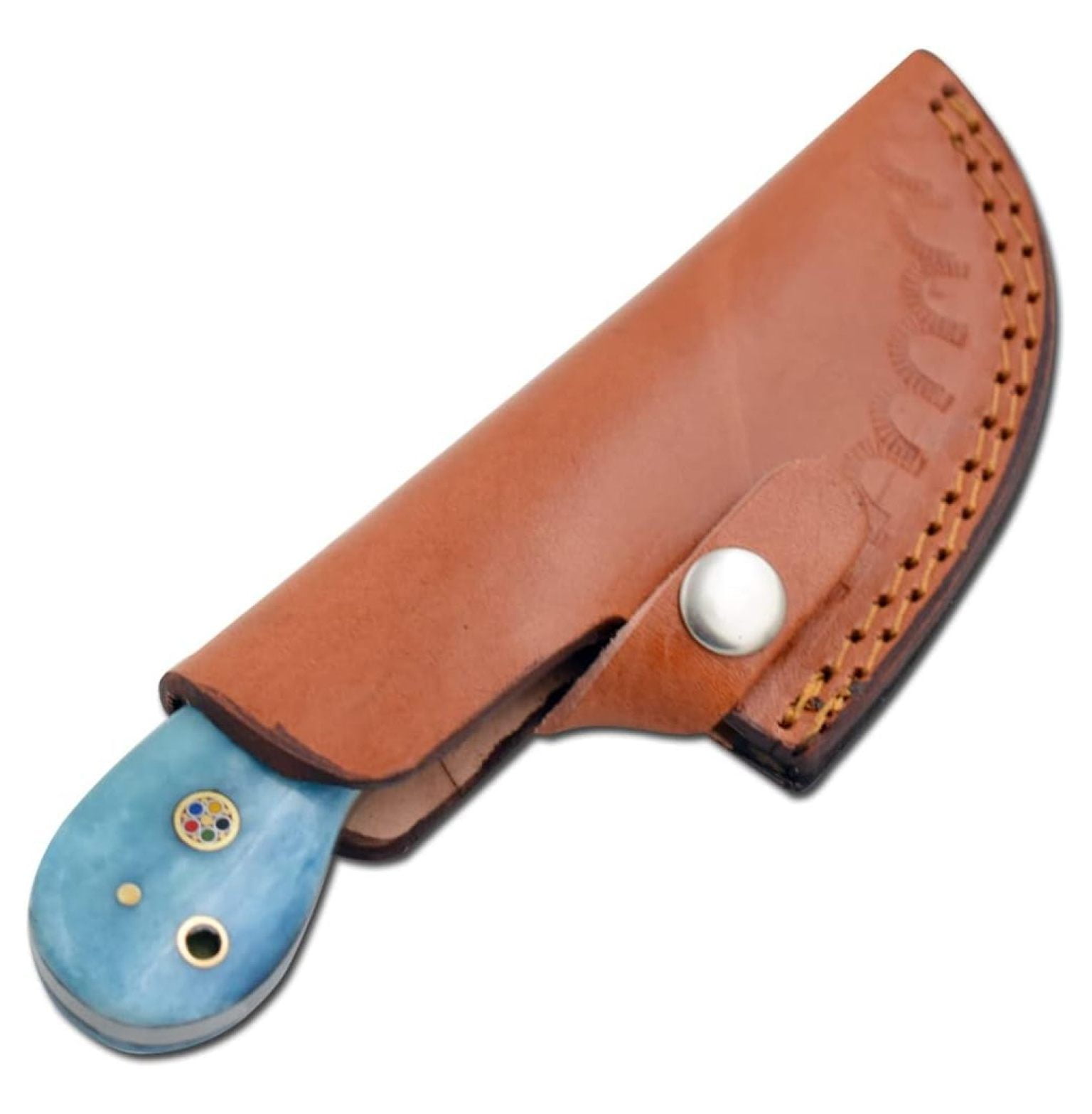 Damascus Steel Color Bone Handle Fixed Blade Full Skinner Knife w/Leather Sheath Hunting Camping Fishing Outdoor (Blue)