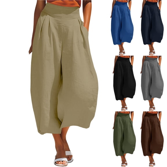 HBGVBA Wide Leg Capris for Women with High Waist,Solid Color Extra Loose Casual Pants with Pockets 9 Length Designs for All Season Wear