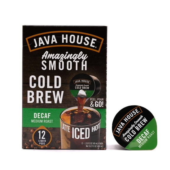 Java House Single-ServeITSC Cold Brew Coffee Pods - Premium 100% Arabica Liquid Concentrate - Smooth & Bold Decaf Roast - 12 Pods - Ready Hot or Iced, Travel-Friendly, TSA Approved
