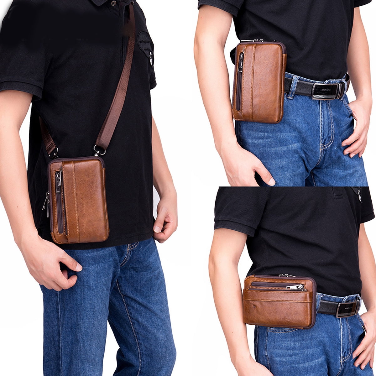 Leather Phone Holster, Genuine Buffalo Leather Cell Phone Holsters, Durable Leather Phone Belt Holder Horizontal and Vertical Multi-functional Waist Pack for Smartphones-Brown