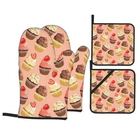 

Oven Mitts and Pot Holders Sets 4 pcs Strawberry Sundae Print Pink Non-Slip Oven Gloves Potholders Soft Quilted Lining Heat Resistant Gloves Hot Pads for Kitchen Cooking Baking