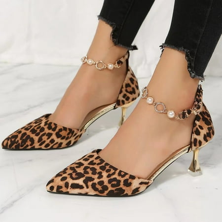 

Cathalem Womens Dress Shoes with Low Heel Ladies Fashion Leopard Print High Heel Shoes Rhinestone Buckle Pointed Heels Vs Ties Brown 7
